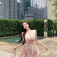 V-neck floral dress with hollow suspenders, beautiful small skirt R0586