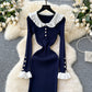 French retro contrast color doll collar waist knitted dress elastic slim fit skinny ruffled long skirt R2344
