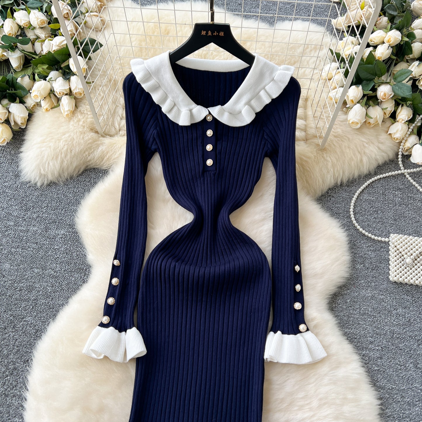 French retro contrast color doll collar waist knitted dress elastic slim fit skinny ruffled long skirt R2344