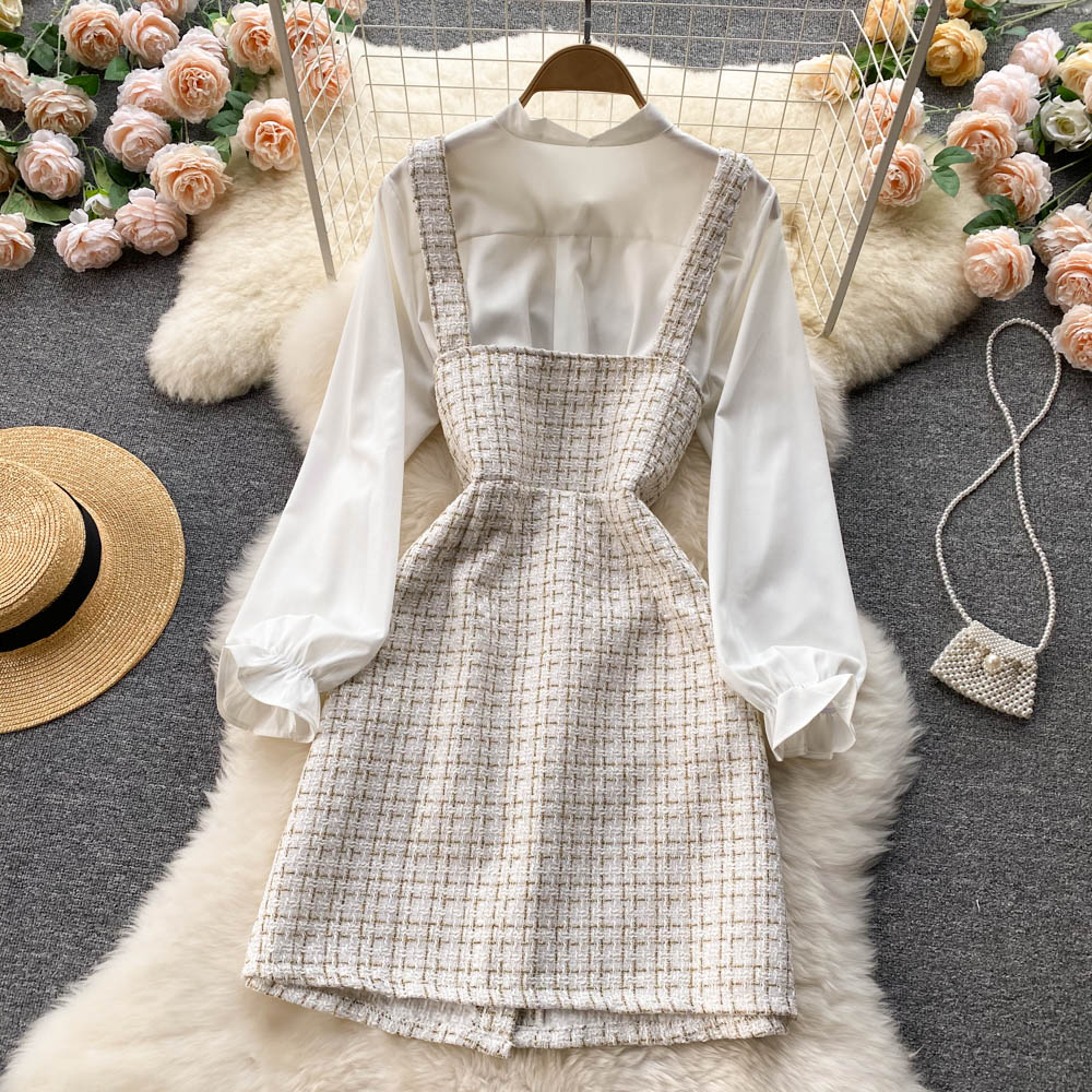 Temperament bow tie long-sleeved white shirt two-piece suit plaid suspender dress R2340