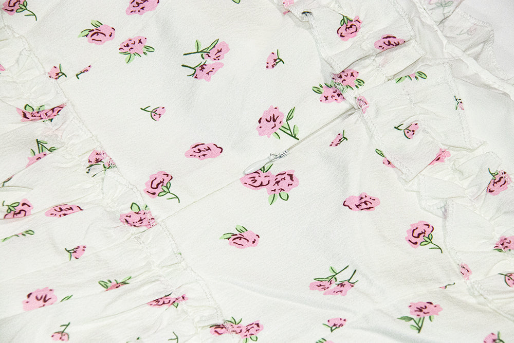 White floral suspender dress with slim waist and princess puffy skirt R0004