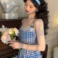 Blue plaid suspender dress beautiful unique waist temperament long skirt new style R0632