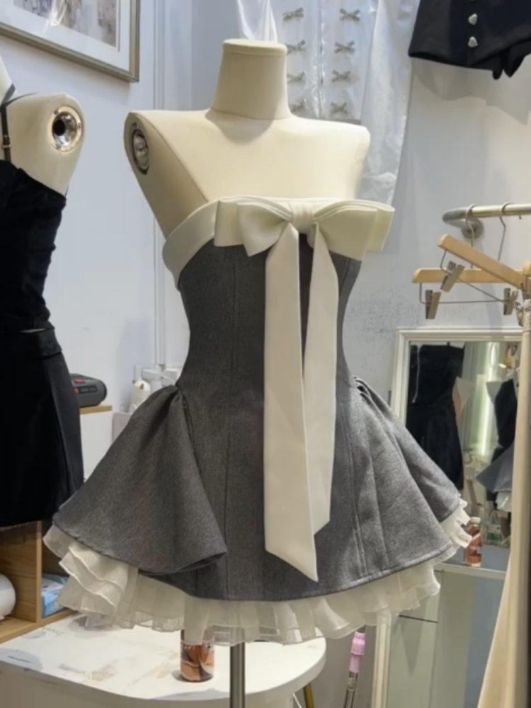 Ballet-style design sense bow bra dress women's high-end waist fluffy short skirt homecoming dress R3001