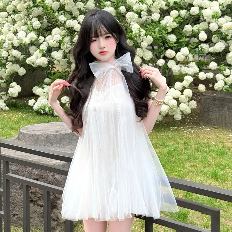 Gentle and sweet style white mesh sleeveless dress beautiful loose A-line short skirt R0801