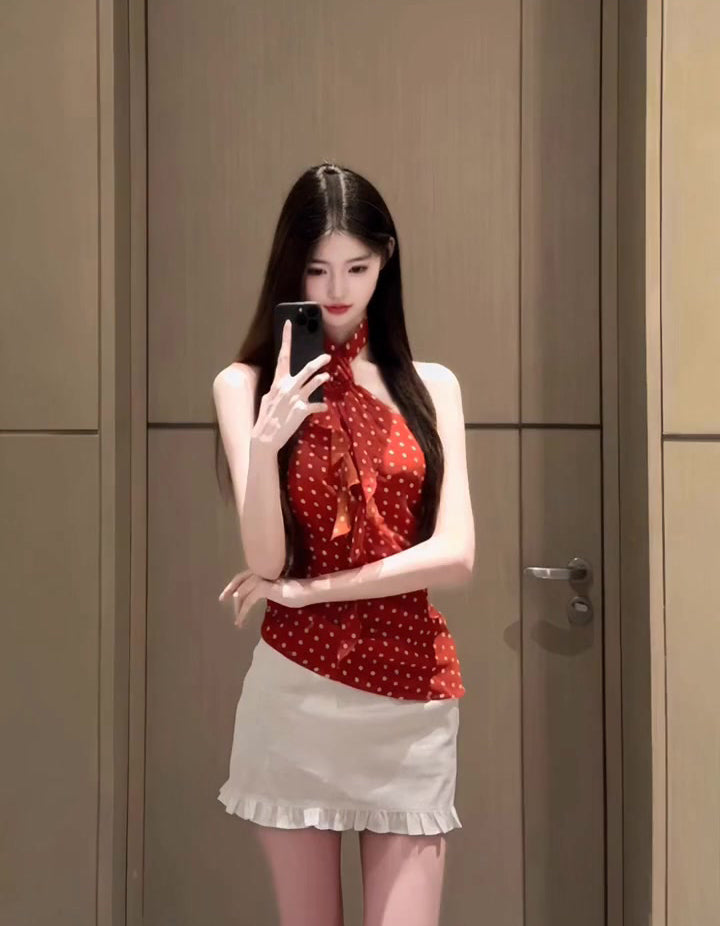 Beautiful outfit set Beautiful red polka dot halter neck vest short skirt two-piece set R0802