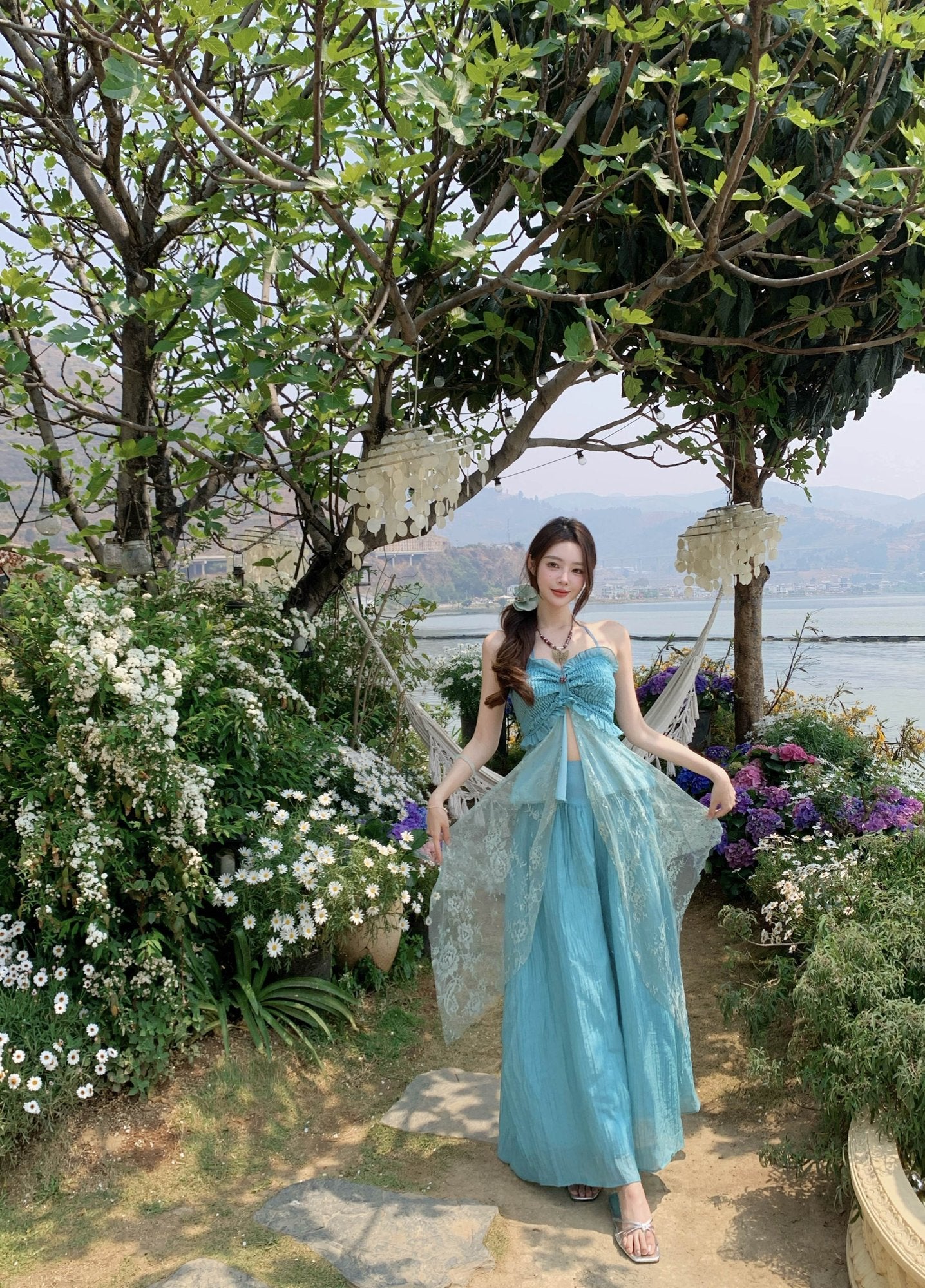 Beautiful unique green tube top casual wide leg pants two piece suit 2025 R0780