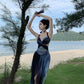 Holiday halter dress with open back for seaside travel wear beach skirt atmosphere R1569