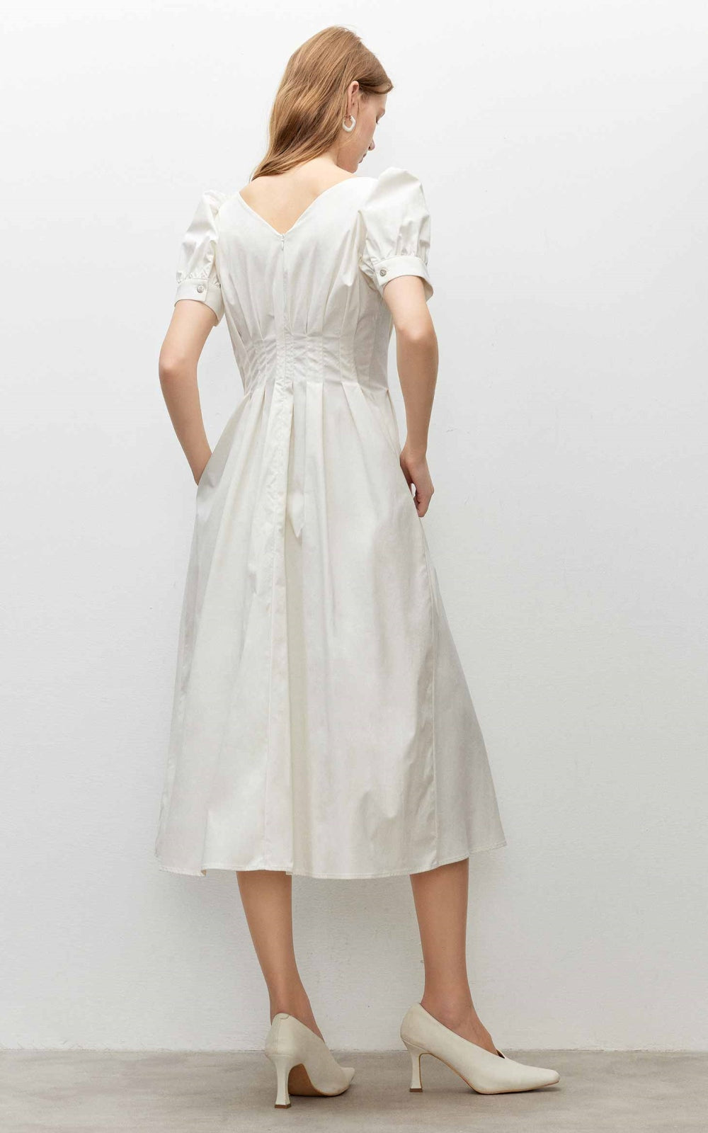 Summer new solid color high waist V-neck puff sleeve waist slimming midi dress for women R3947