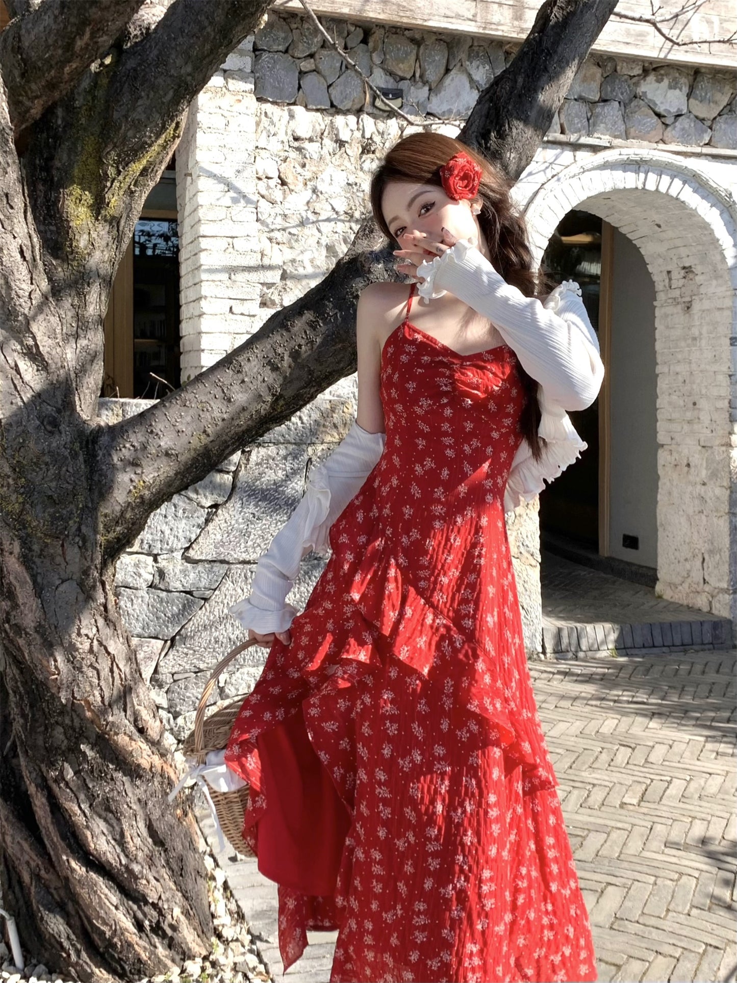 French style beautiful red suspender dress irregular slit long skirt R3865