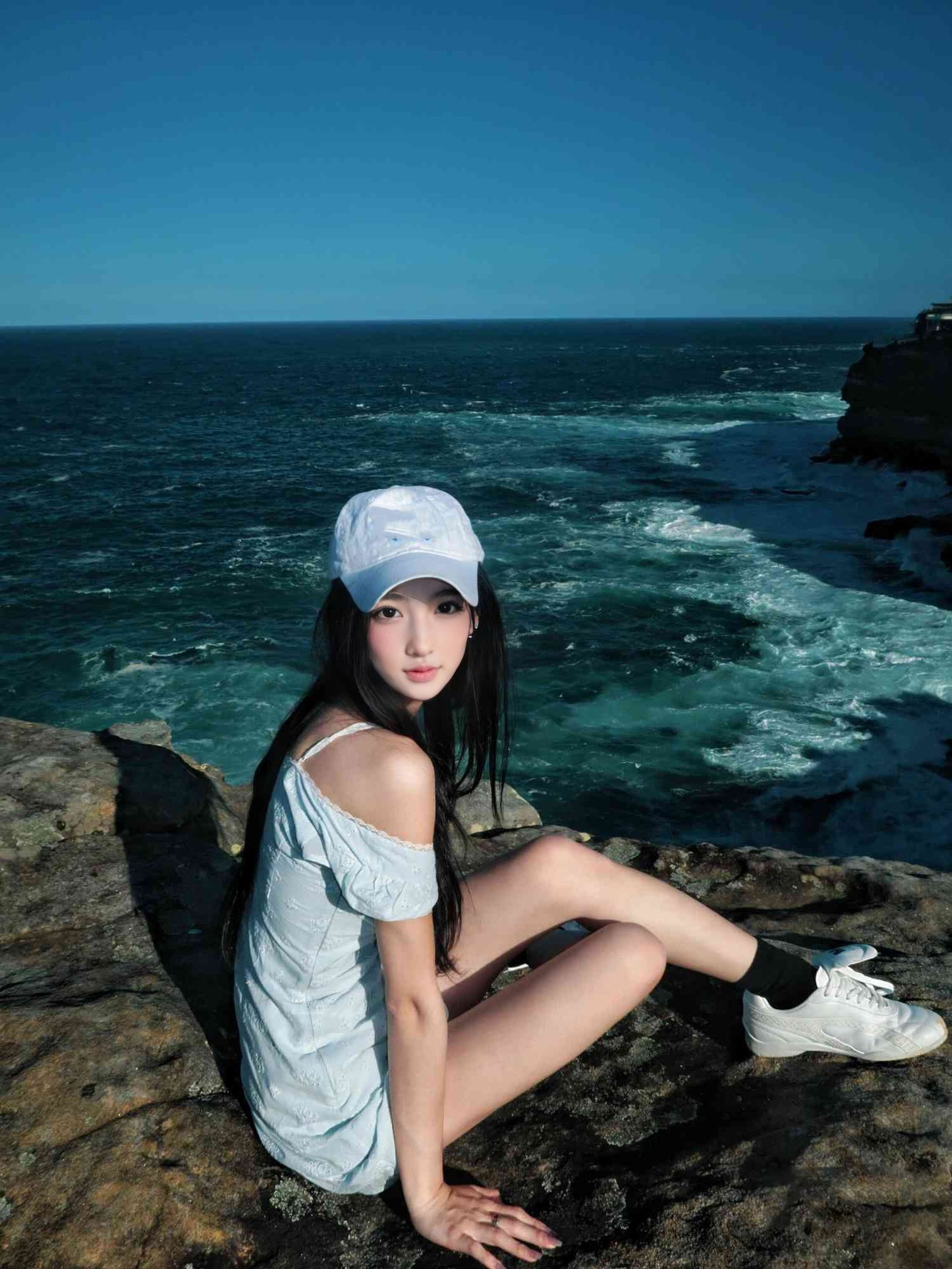 Gentle blue short-sleeved dress with elegant waist A-line short skirt R0828