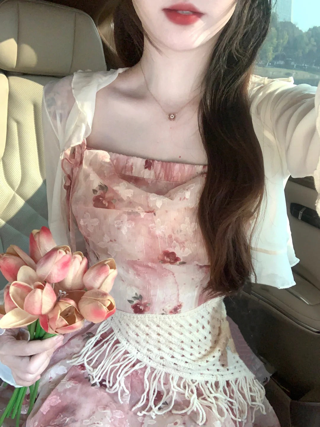 Gentle temperament sling floral dress beautiful waist A-line short skirt R0764