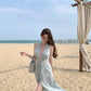 Blue v-neck hollow sleeveless halter dress temperament waist banquet dress R0547