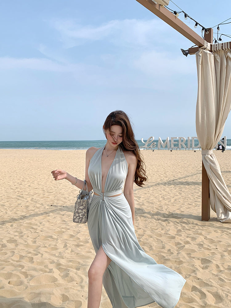 Blue v-neck hollow sleeveless halter dress temperament waist banquet dress R0547