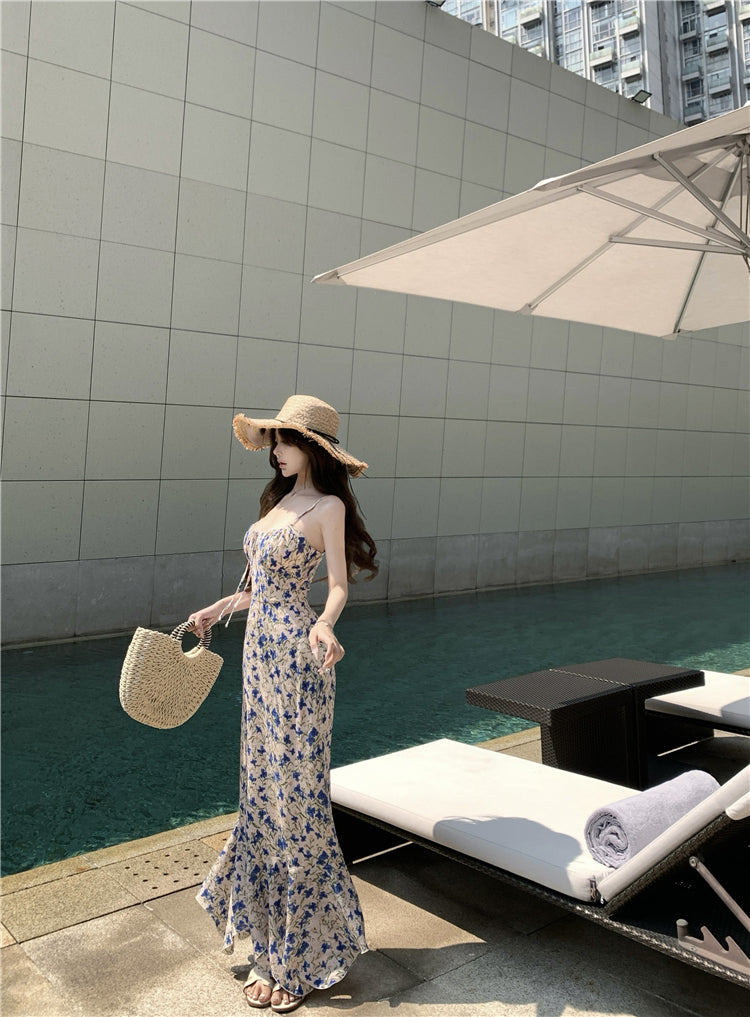 Tea break floral suspender dress gentle temperament waist slim fit A-line skirt R0499