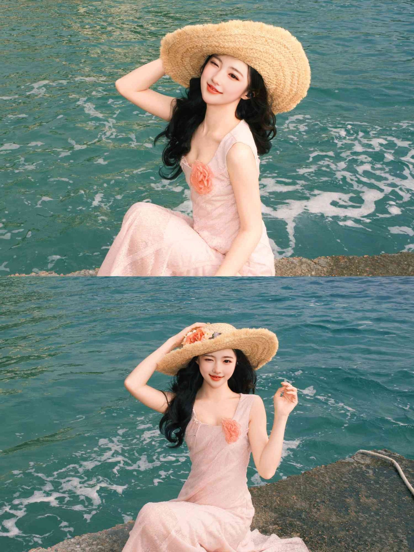 Pink lace suspender dress unique waist temperament long skirt R0496