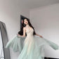 2025 new green mesh suspender dress beautiful waist temperament long skirt R0504