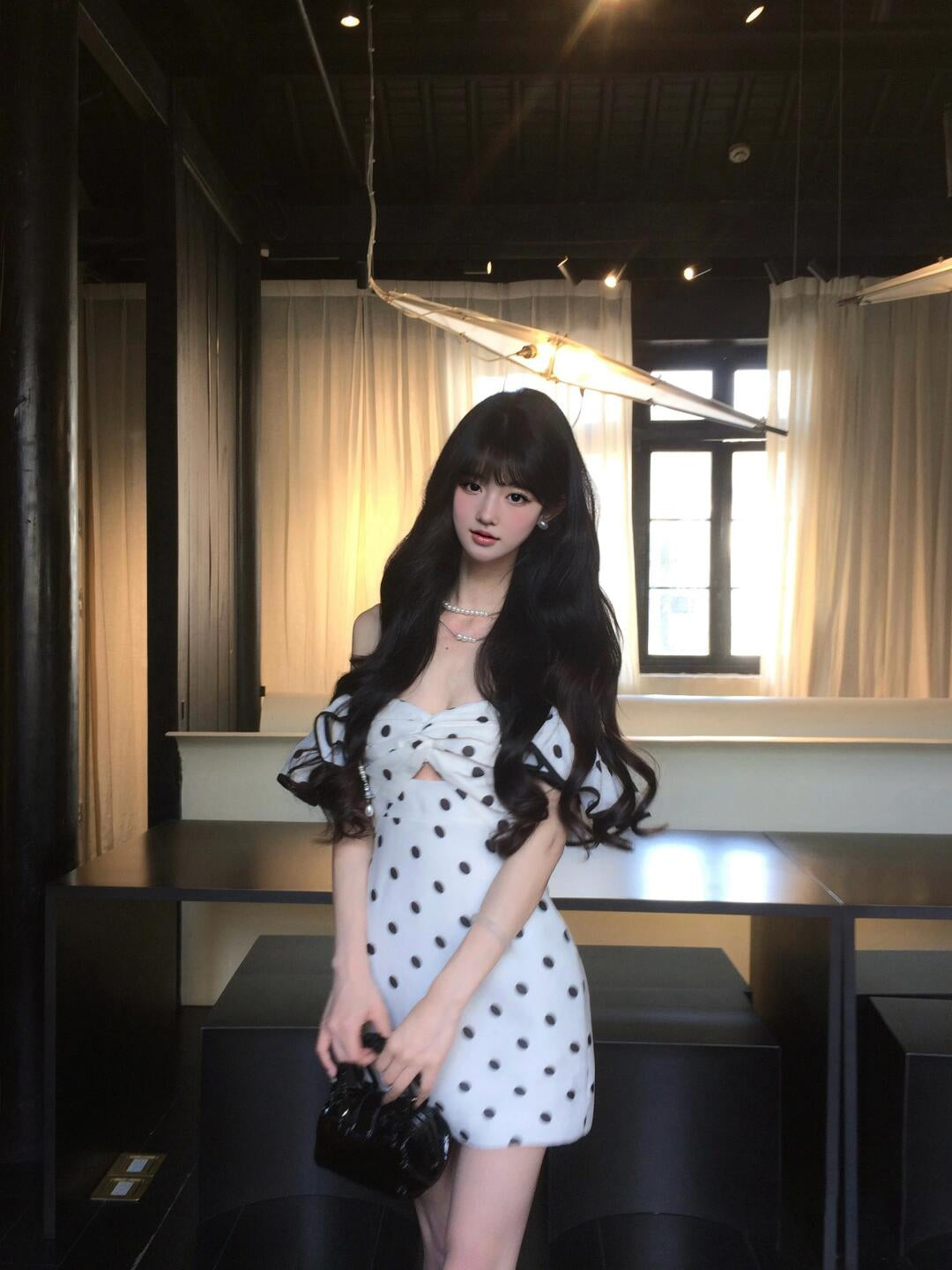 Black and white polka dot one-shoulder dress with elegant waist and slim fit A-line short skirt R0811