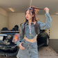 High-end design long-sleeved jacket retro hot girl short skirt American street slim denim suit R0144