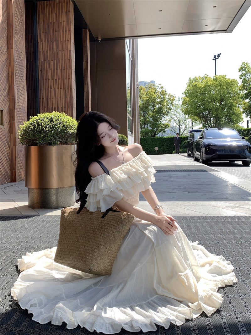 Summer beautiful one-shoulder short top a-line skirt beautiful two-piece suit R0853