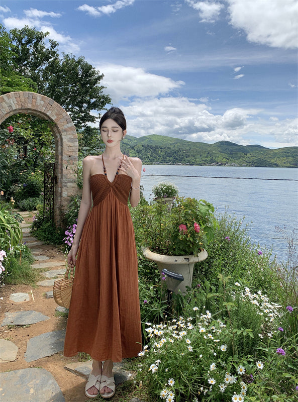 Travel wear retro beaded halter neck knitted dress seaside holiday beach dress R1593