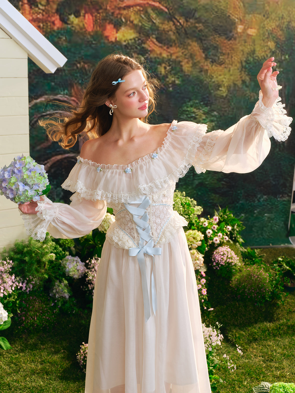 French fairy dress one-shoulder white long dress lace fishbone skirt long sleeves R5103