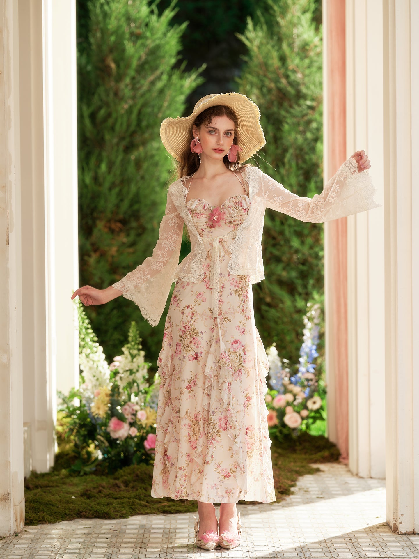 French romantic vacation long dress floral seaside halter dress summer R5108