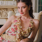 French retro romantic vacation stretch print mesh halter neck fishtail dress R5104