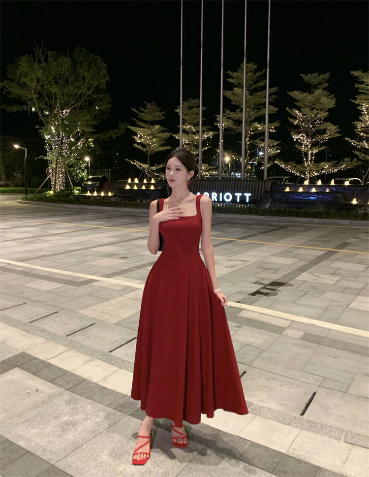 Skirt square neck suspender dress royal sister style temperament wine red high-end dress R1437