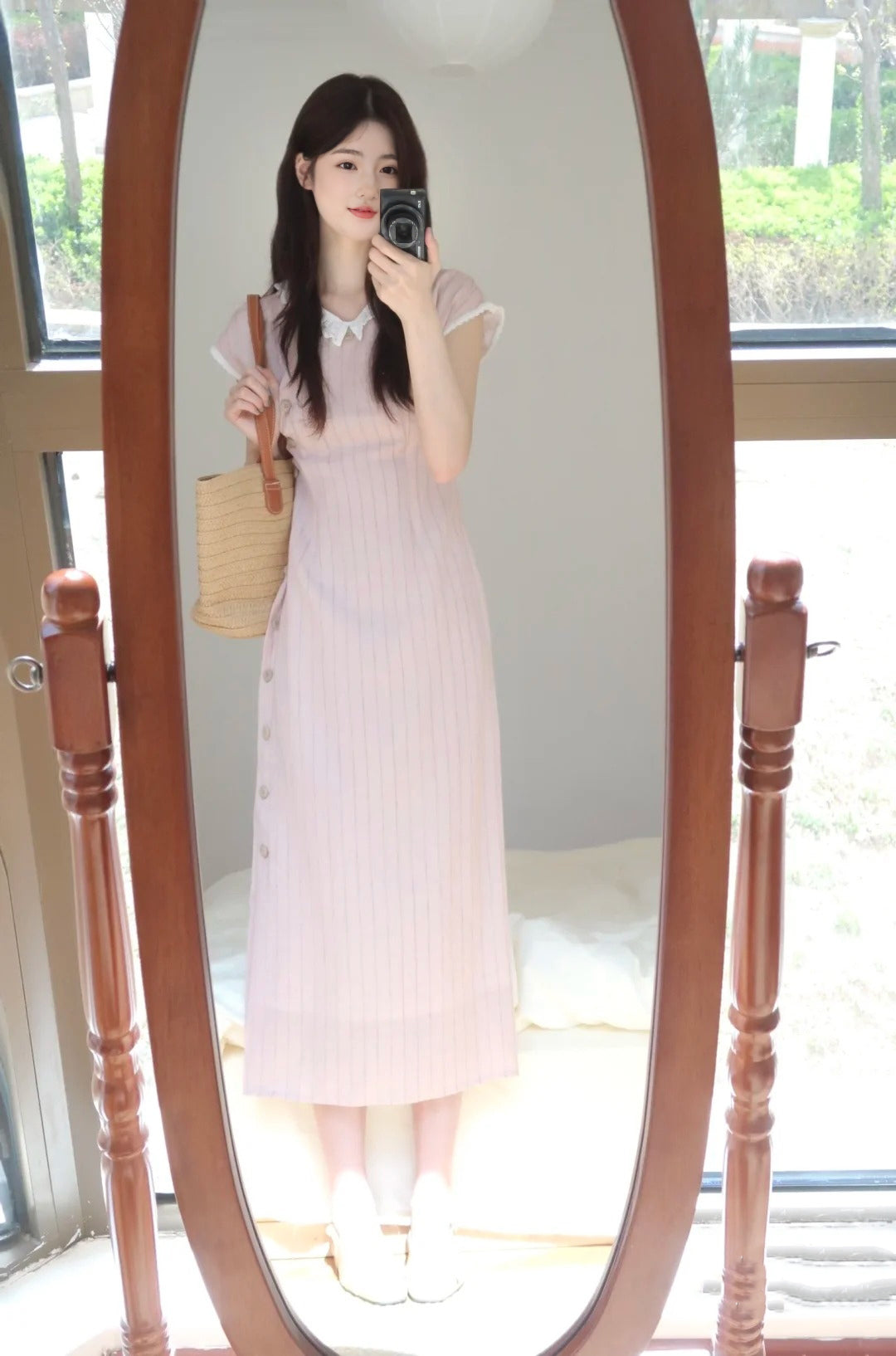 Gentle style pink short-sleeved dress with elegant waist and slim fit R0849