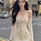 Large size French pure desire one shoulder tube top sleeve dress ruffled sexy hip skirt R1854