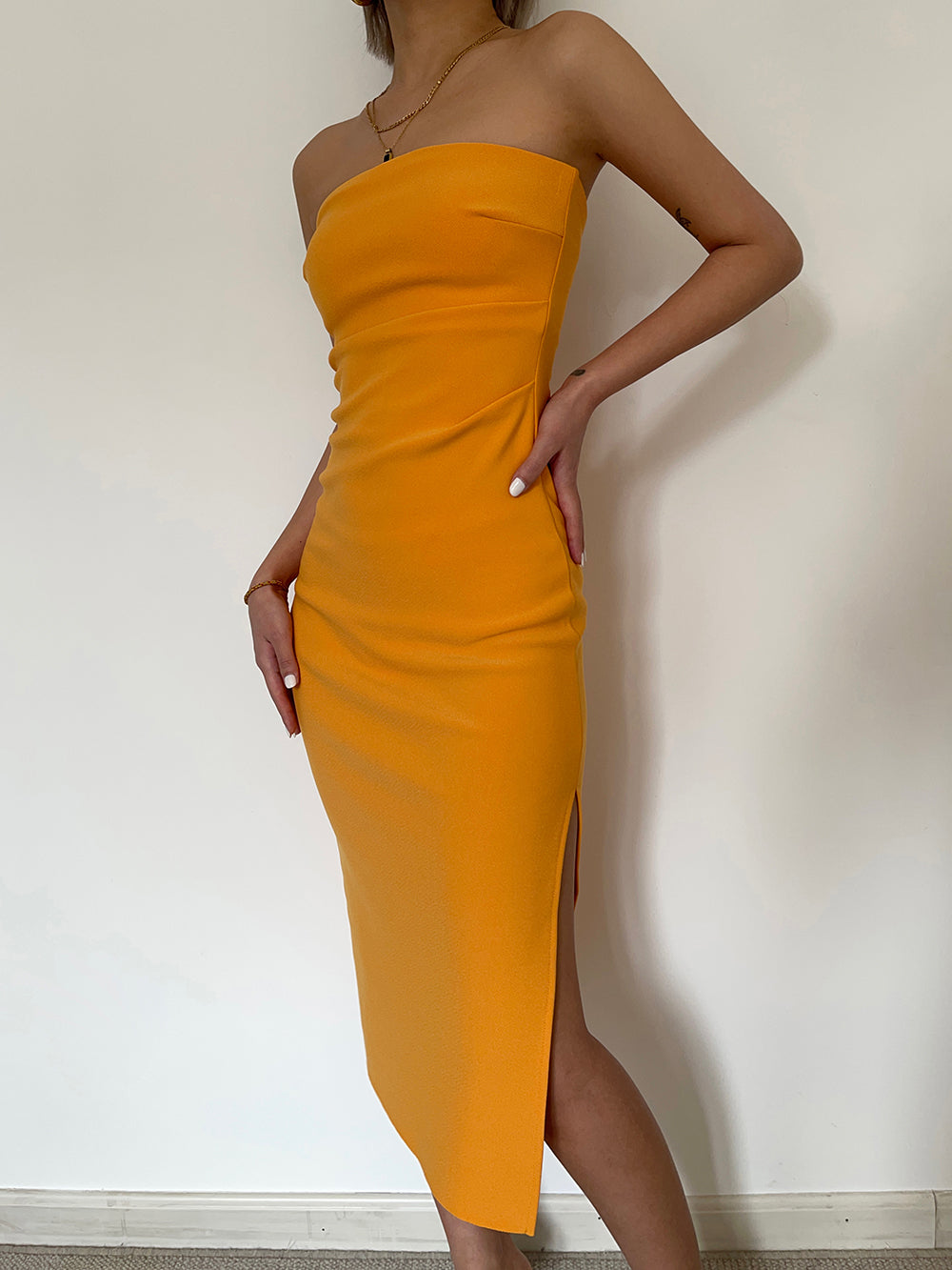 Hot girl sexy slit tube top dress slim fit medium length hip waist dress high-end long skirt R3037