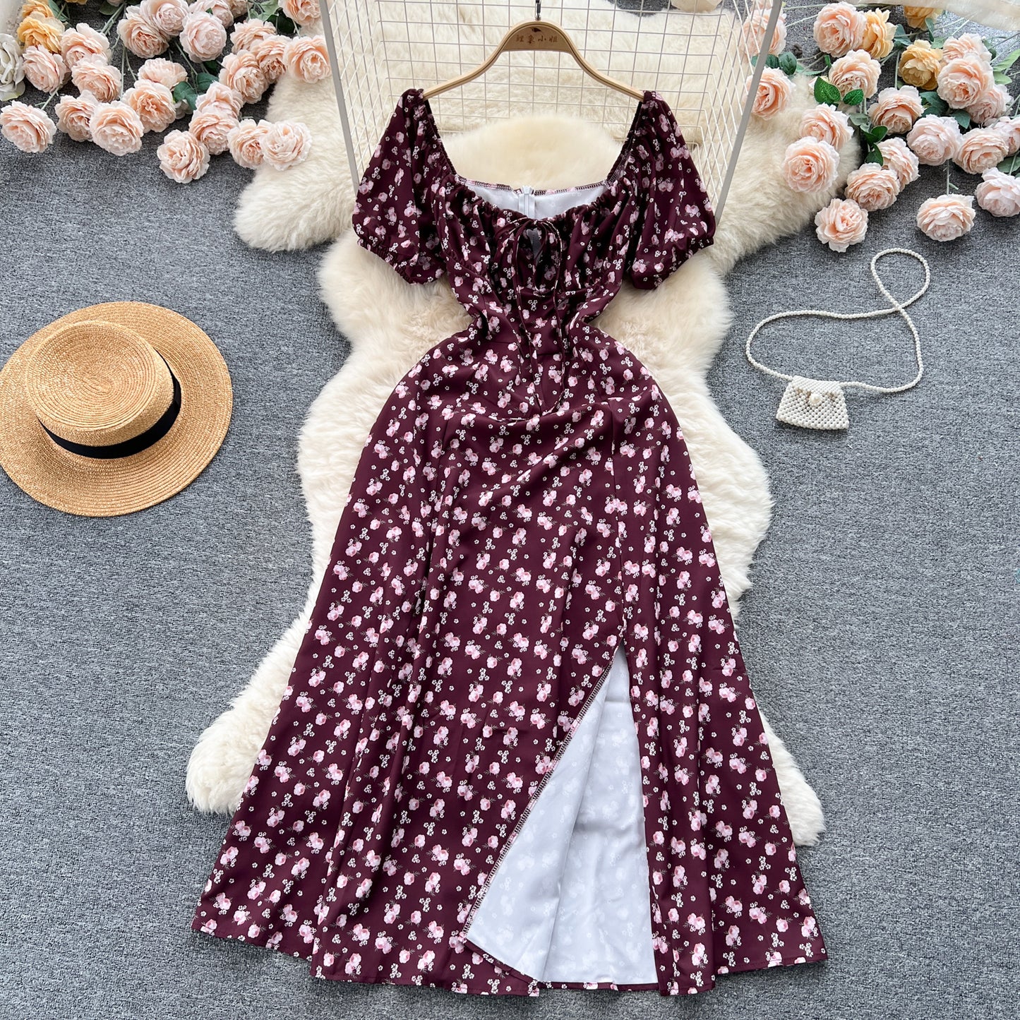 French pure desire high-grade floral dress slim temperament super fairy slit long skirt R2144