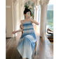 Gradient blue seaside holiday style suspender dress new Sanya tea break beach dress R0183