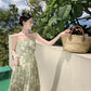 Tea break French holiday print suspender dress super fairy sweet temperament high-end beach dress R0189