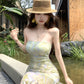 Green floral tube top dress sexy waist slim hip skirt R0626