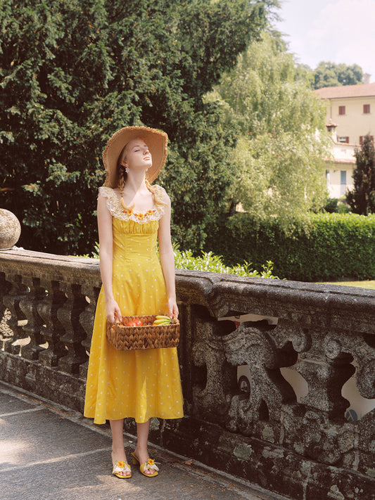 French pastoral style yellow suspender long dress lace girlish dress R5068