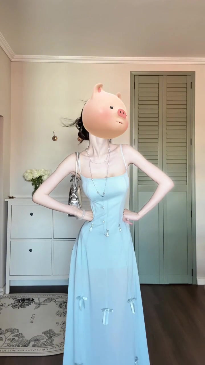 One dress for multiple wears, holiday style blue bow suspender dress, gentle temperament, beautiful long dress R0446