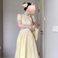 Holiday gentle style yellow jacquard puff sleeve dress unique beautiful waist temperament long skirt R0447