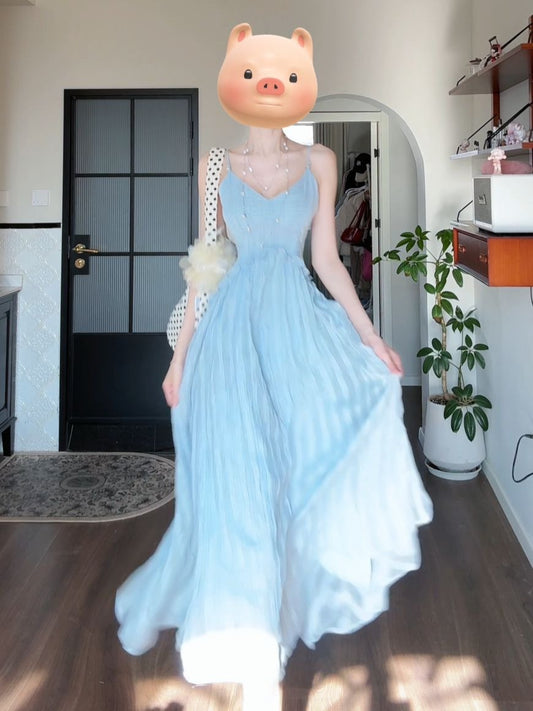 French gentle style blue V-neck suspender skirt 2025 new seaside holiday style waist temperament dress R0443