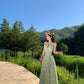 Holiday green ruffled V-neck dress is super beautiful fairy temperament waist long skirt R0444