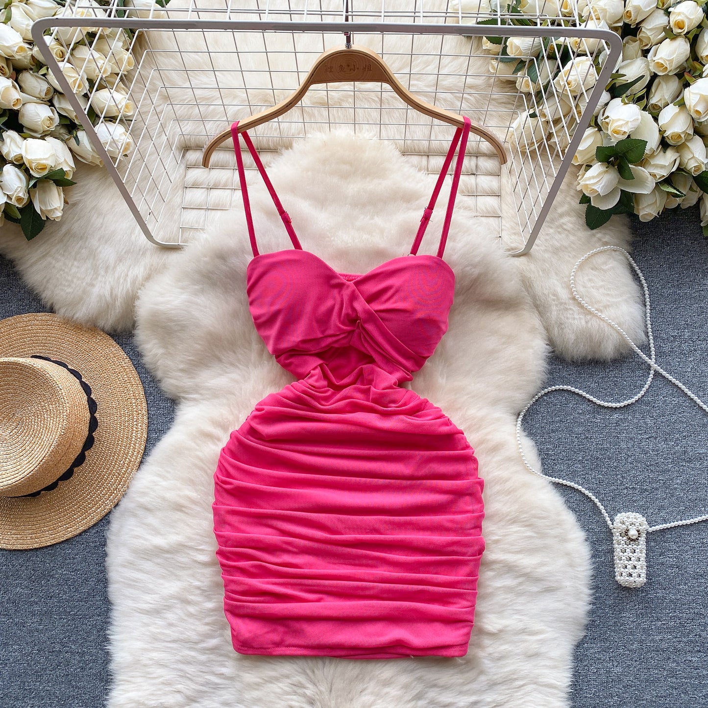 Sexy elastic mesh dress 2025 new pleated slim short sexy hip suspender skirt R2268