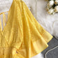 Holiday style 2025 new niche sexy deep V-neck lace patchwork waist flared sleeve dress R2269