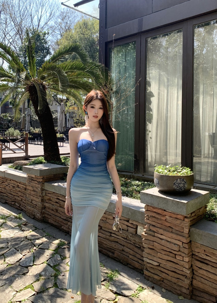 Blue gradient tube top dress 2025 new waist slim fit hip skirt R0563