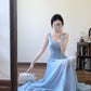 Blue hollow suspender dress temperament waist A-line long skirt R0568