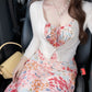 Tea break French floral sling dress, beautiful waist slim fit hip long dress R0567