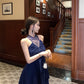 Blue halter dress with rhinestones, slim waist, A-line short dress R0571