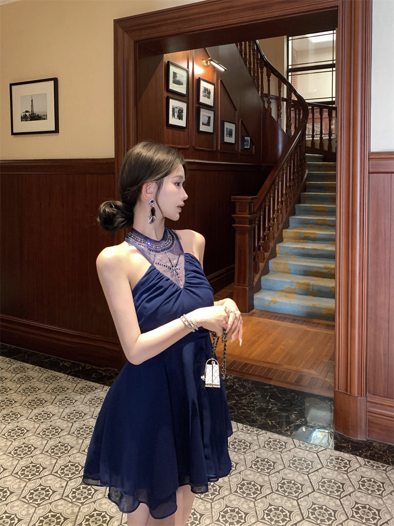 Blue halter dress with rhinestones, slim waist, A-line short dress R0571