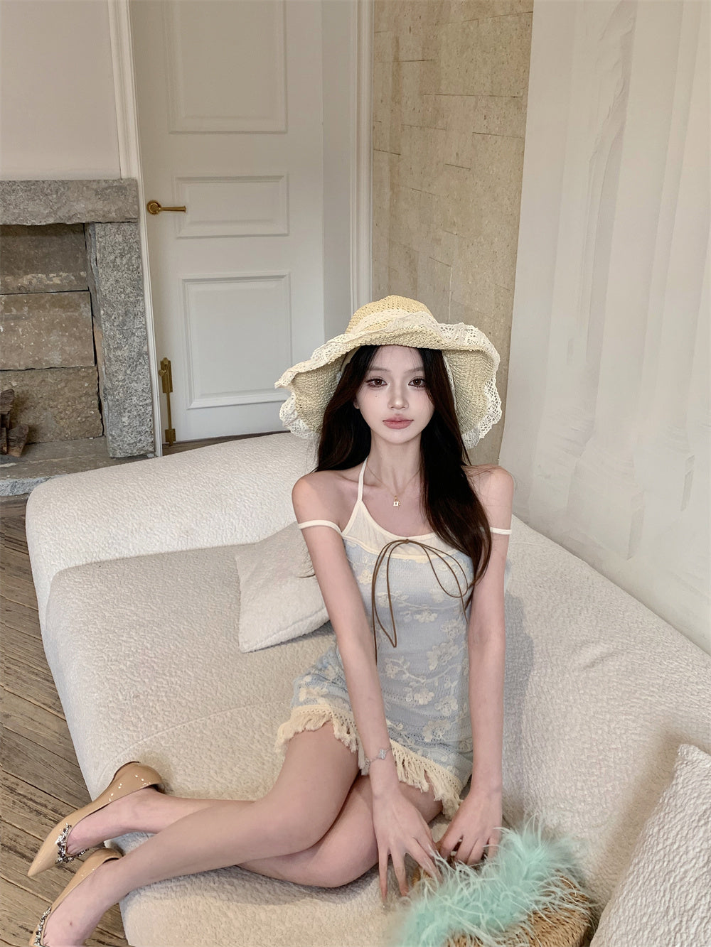 Blue jacquard suspender dress two-piece set beautiful waist slim hip skirt R0564