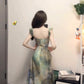 Blurred floral suspender dress temperament waist A-line beach dress R0659