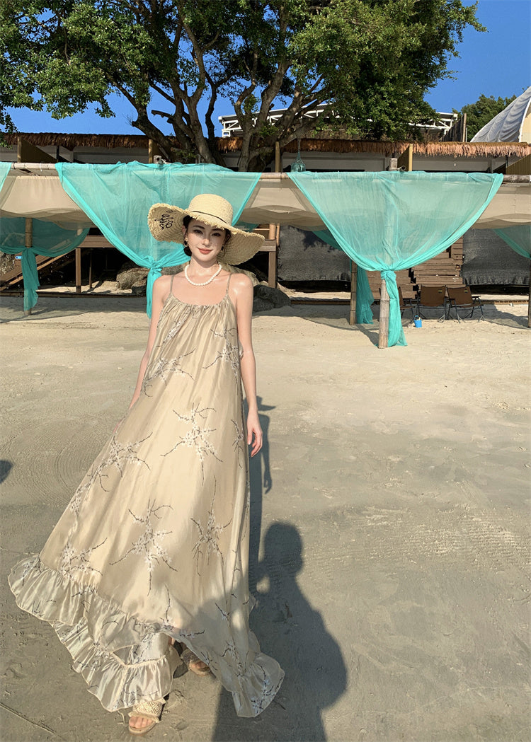 Retro printed suspender dress gentle temperament A-line long skirt R0660